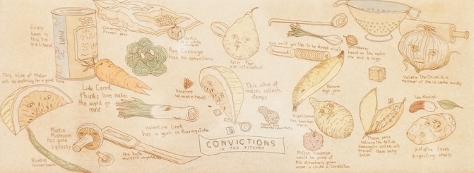 Chris Orr (b. 1943), 'Convictions in the Kitchen', 1982, signed, titled and numbered 43/50 to the margin, etching and aquatint, 17cm x 37cm